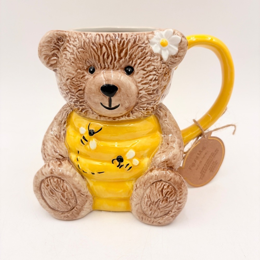 Simple & Sweet Teddy Bear Honey Pot Figural Mug 26oz Ceramic Bee Daisy Yellow